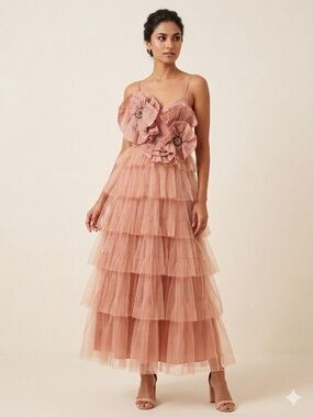 Kavita Bhartia Tulle Maxi Dress Sz 4 Embellished Boho Tiered Anthropologie